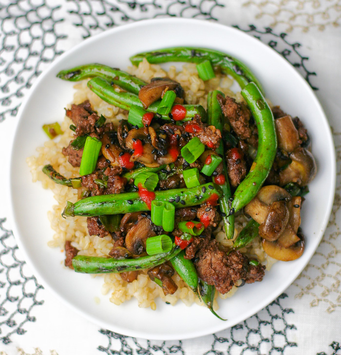 Blistered Green Bean Stir-Fry with Grassfed Beef and Mushrooms
