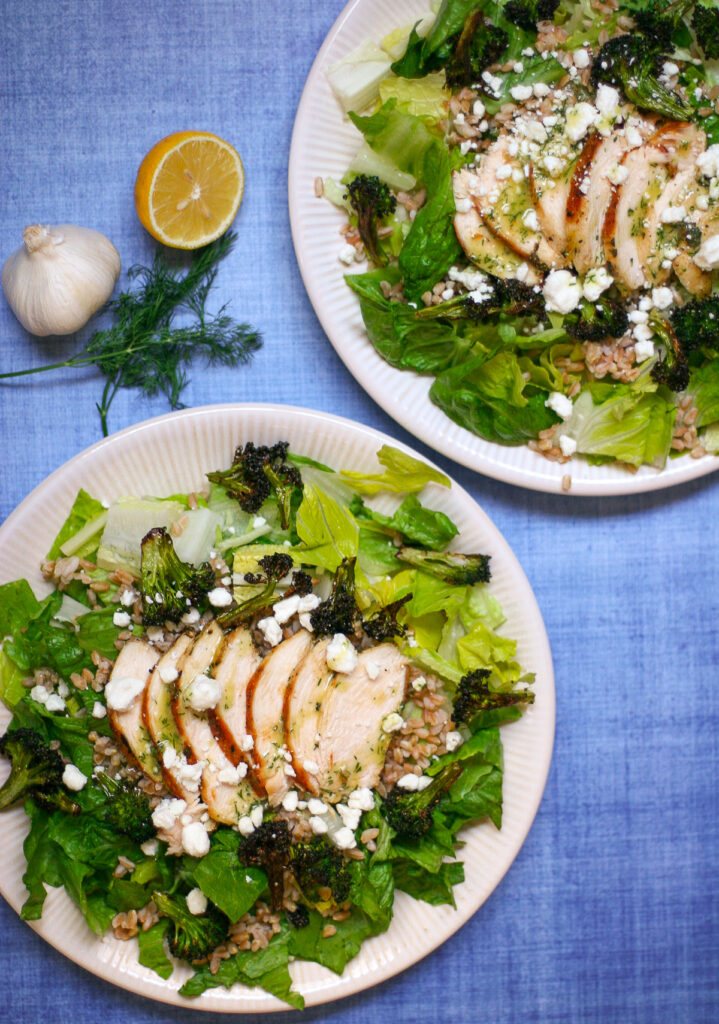 Romaine Farro Charred Broccoli and Chicken Salad