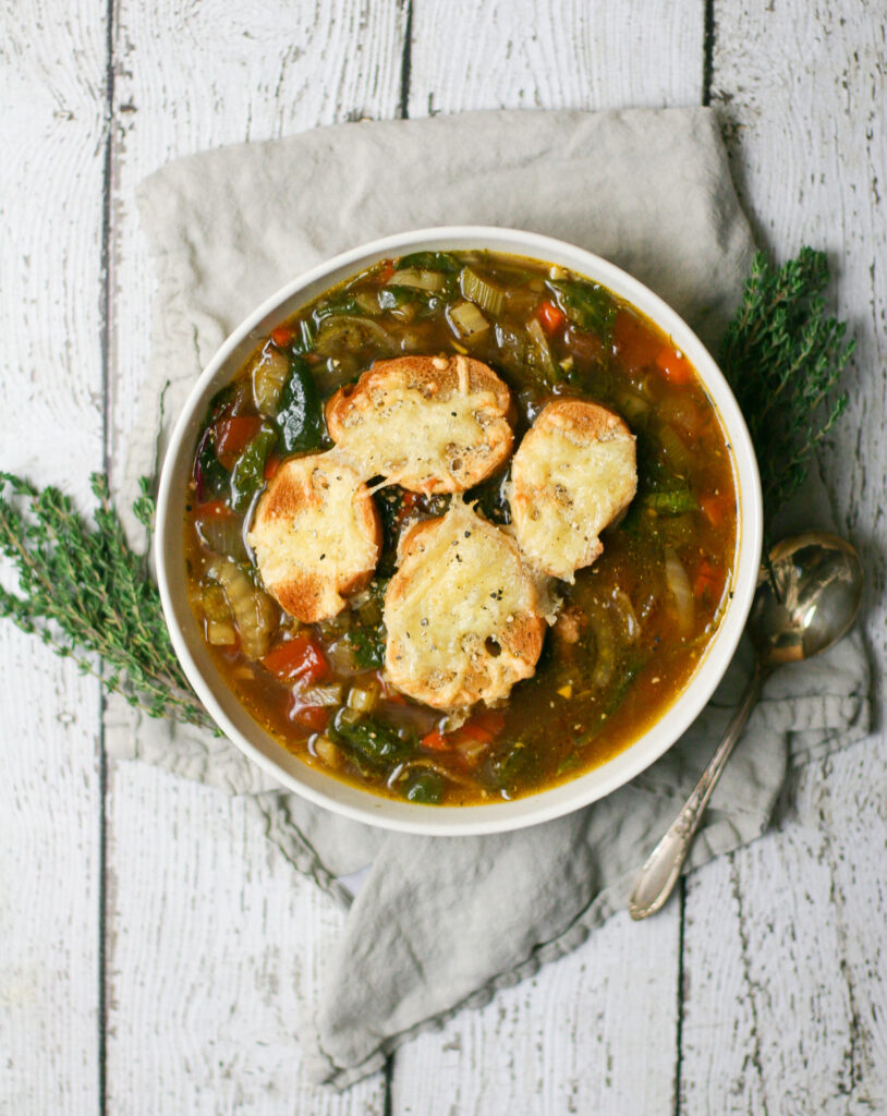 Sausage and Fennel Soup with Cheesy Gouda Croutons