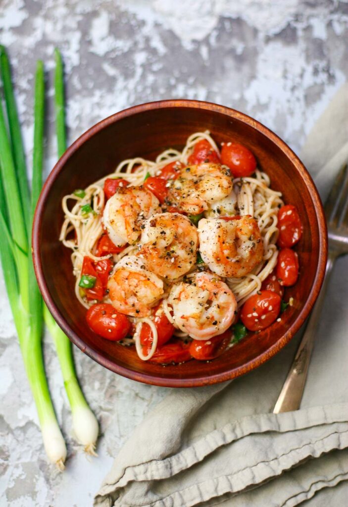 Miso Soba Noodles with Buttery Pan Seared Shrimp - by Erica Julson